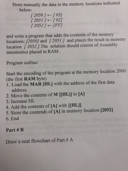  Store manually the data in the memory locations indicated below: [