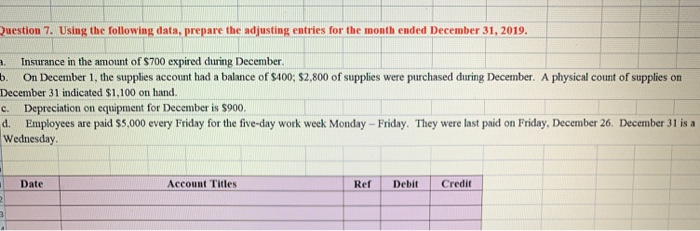  b. Question 7. Using the following data, prepare the adjusting entries