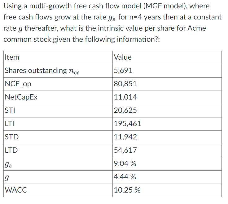  Using a multi-growth free cash flow model (MGF model), where free
