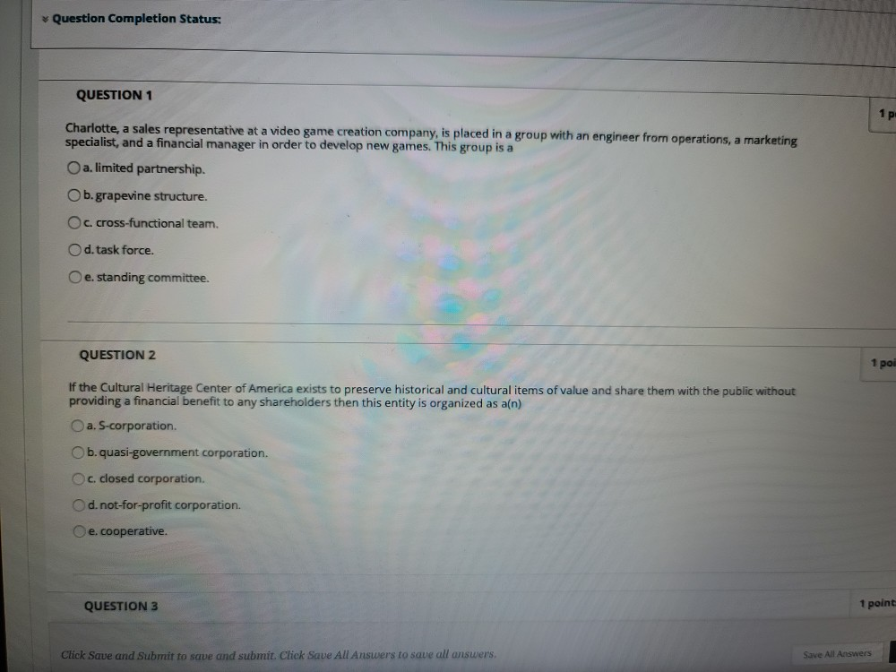  Question Completion Status: QUESTION 1 Charlotte, a sales representative at a