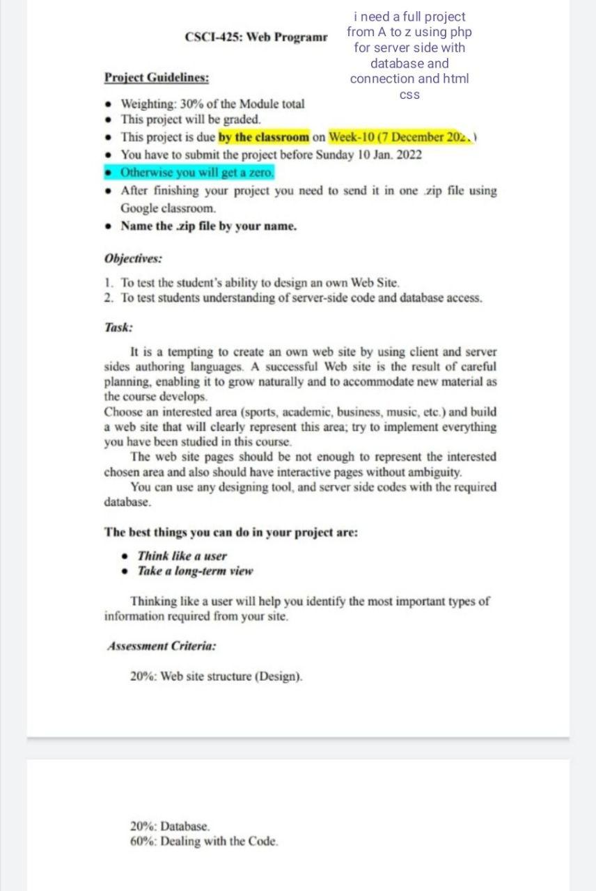  i need a full project CSCI-425: Web Programr from A to