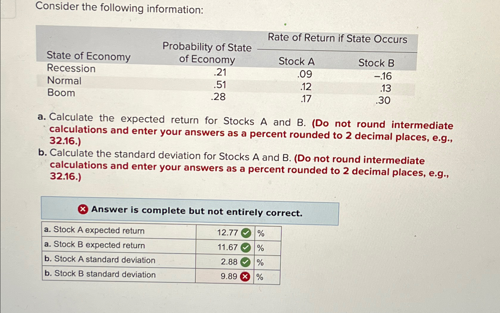  Consider the following information: \table[[,Probability of State,Rate of Return if State