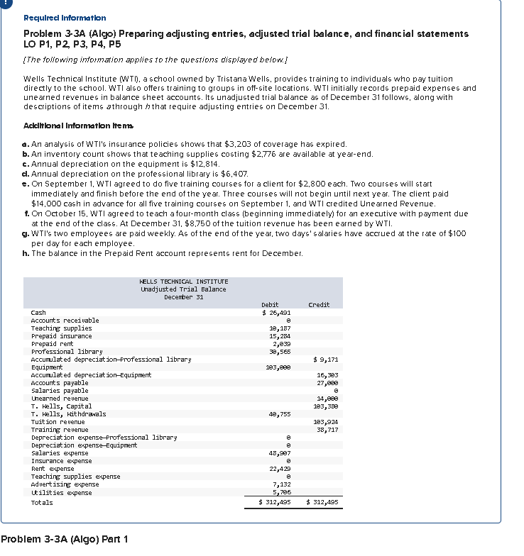 Required Information Problem 3-3A (Algo) Preparing adjusting entries, adjusted trial balance,