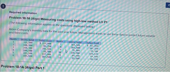  U Required information Problem 18-1A (Algo) Measuring costs using high-low method