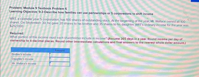  Problem: Module 9 Textbook Problem 6 Learning Objective: 9-3 Describe how
