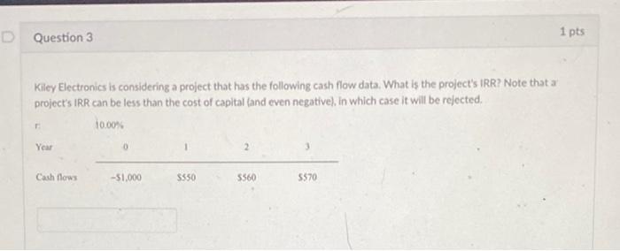  Kiley Electronics is considering a project that has the following cash