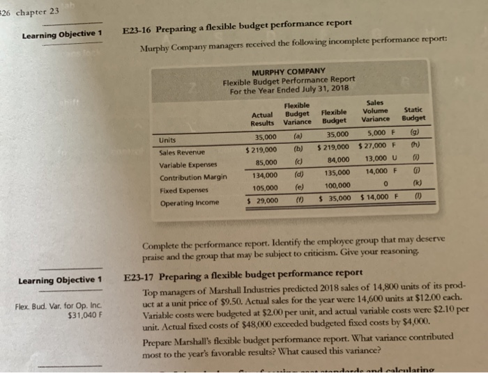  26 chapter 23 E23-16 Preparing a flexible budget performance report Learning