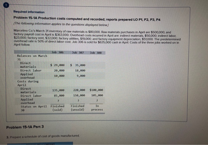 Required information Problem 15-1A Production costs computed and recorded; reports prepared