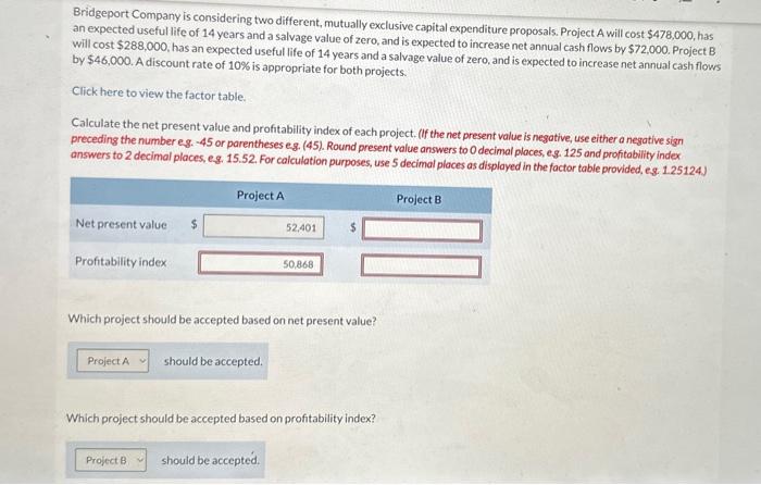 Please Help Bridgeport Company is considering two different, mutually exclusive capital