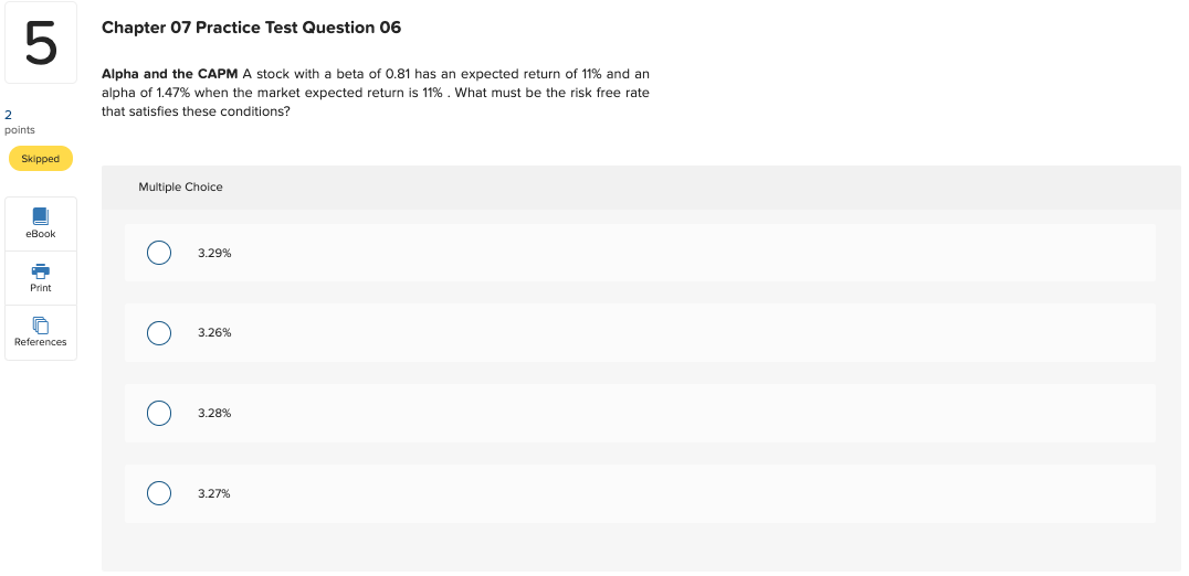  Chapter 07 Practice Test Question 06 Alpha and the CAPM A