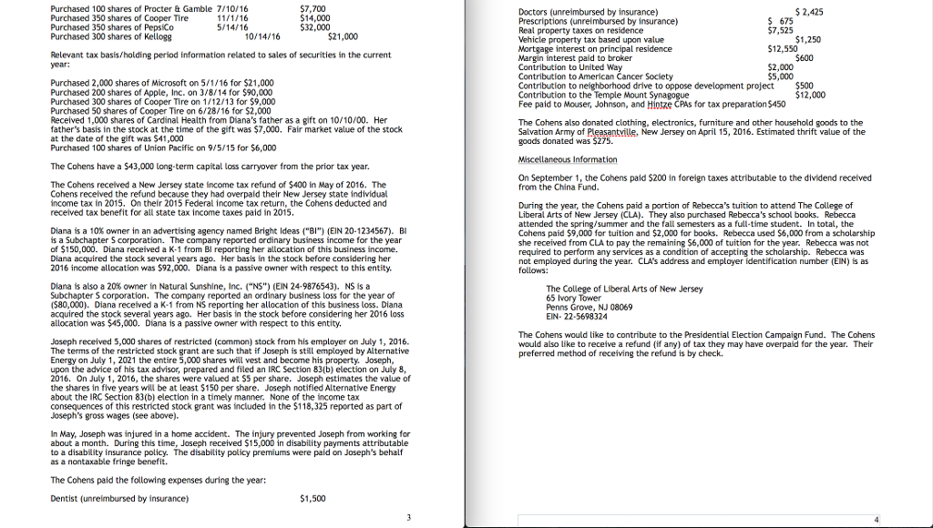 income tax return for Joseph and Diana Cohen. Ignore the requirement to