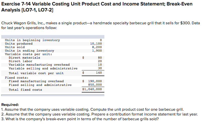 Exercise 7-14 Variable Costing Unit Product Cost and Income Statement; Break-Even
