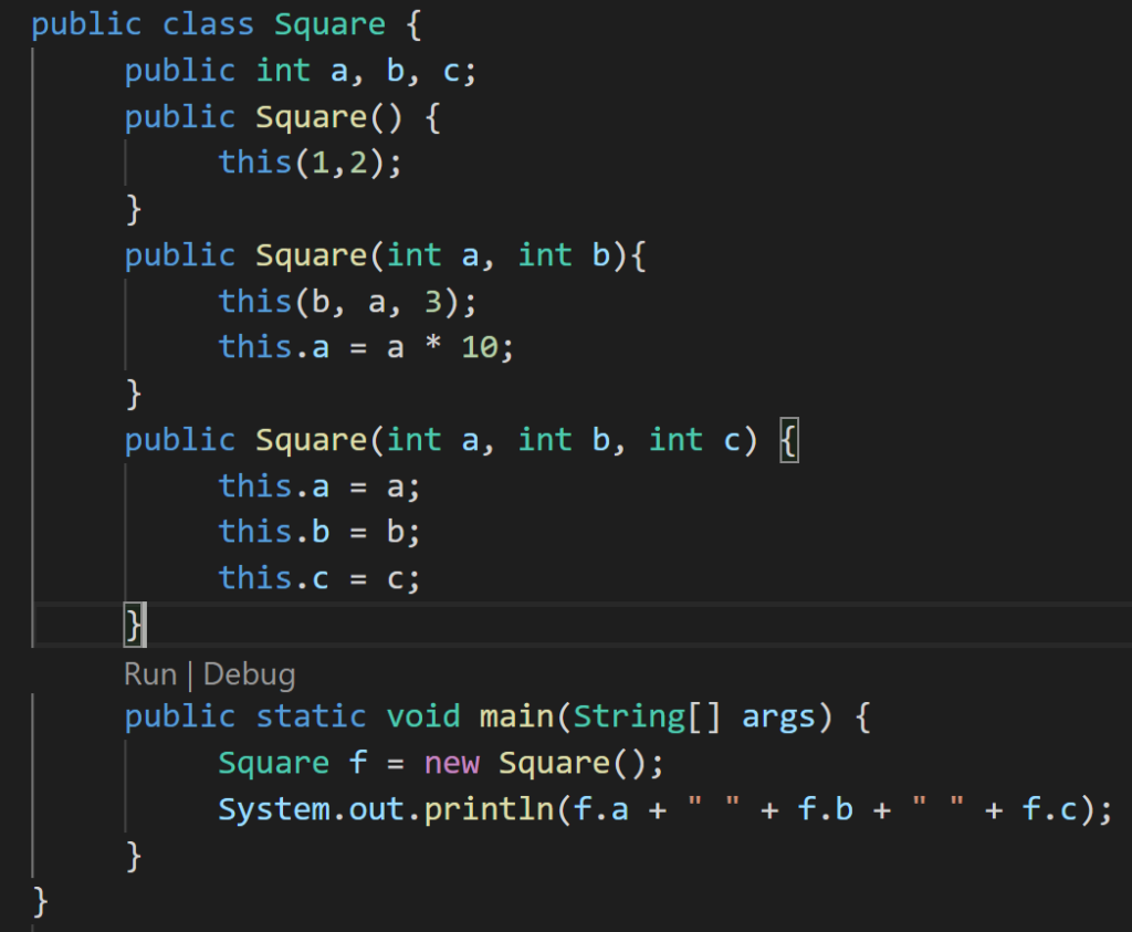 Please explain why the output of this code is "10 1 3"