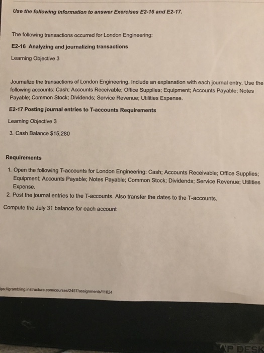  Use the following information to answer Exercises E2-16 and E2-17 The
