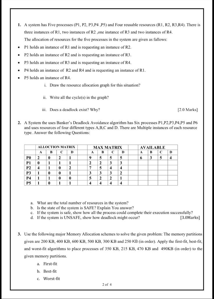  1. A system has Five processes (P1, P2, P3,P4, P5) and