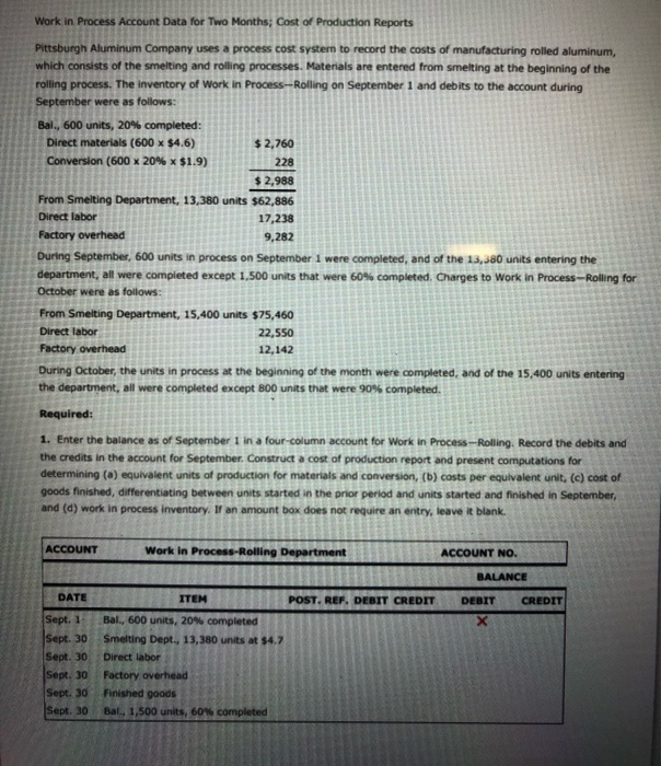  9,282 Work in Process Account Data for Two Months; Cost of