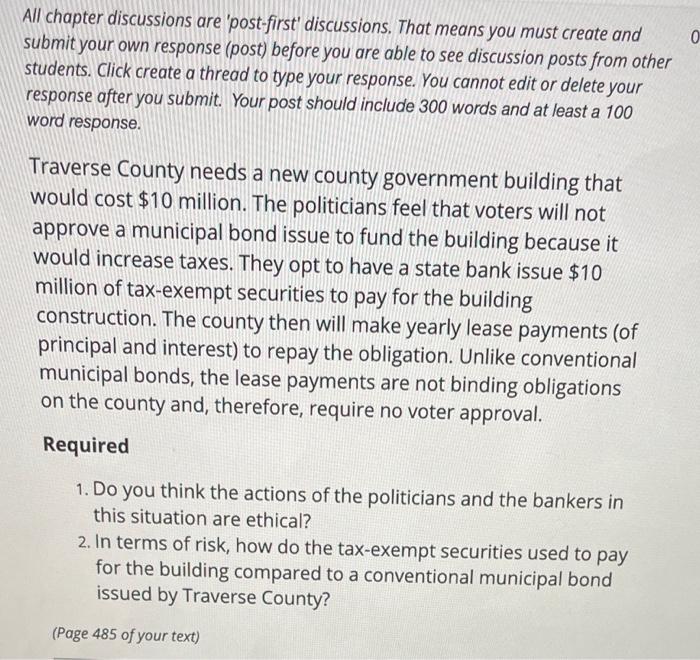  0 All chapter discussions are 'post-first' discussions. That means you must