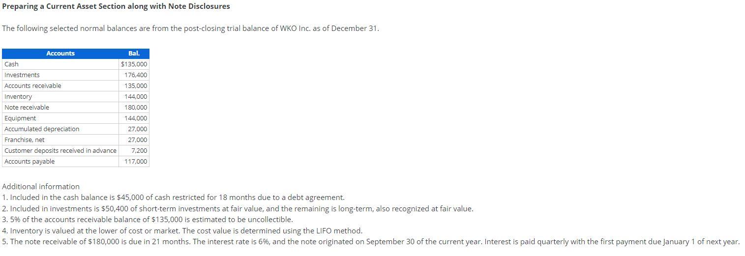  Preparing a Current Asset Section along with Note Disclosures The following