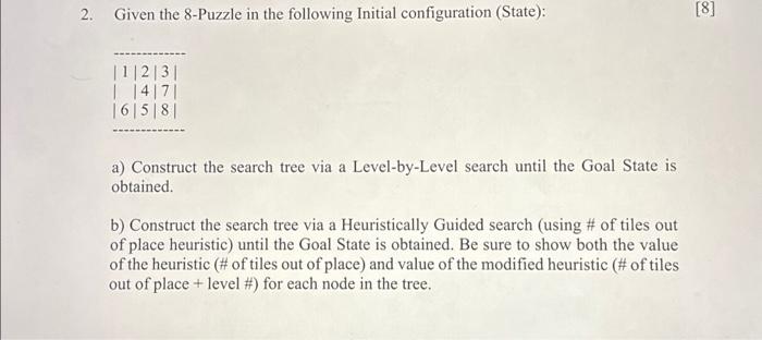  Given the 8-Puzzle in the following Initial configuration (State): Construct the