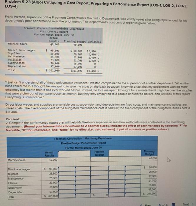  Problem 9-23 (Algo) Critiquing a Cost Report; Preparing a Performance Report