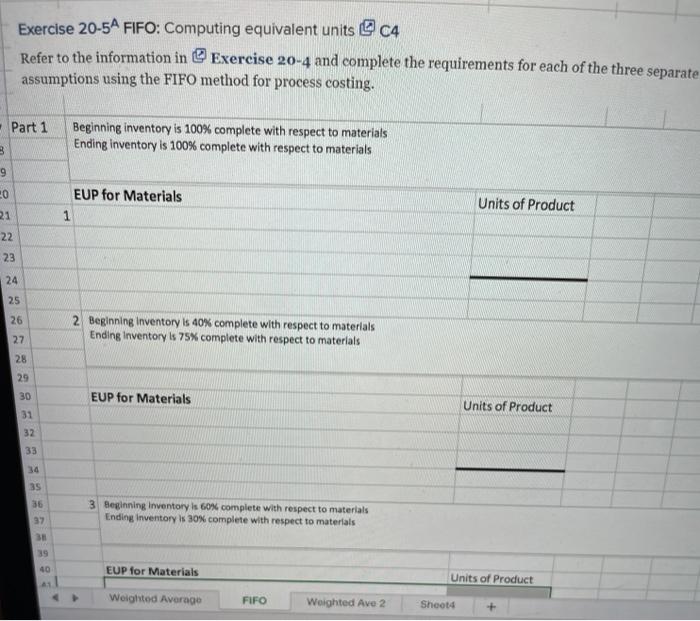  Exercise 20-5A FIFO: Computing equivalent units @ c4 Refer to the