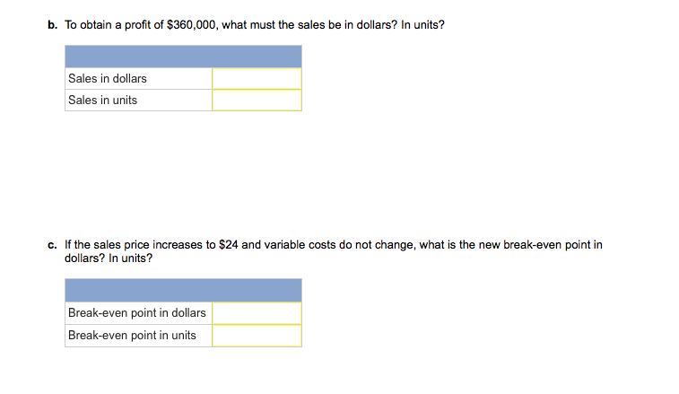 is the break-even point in dollars? In units? To obtain a profit