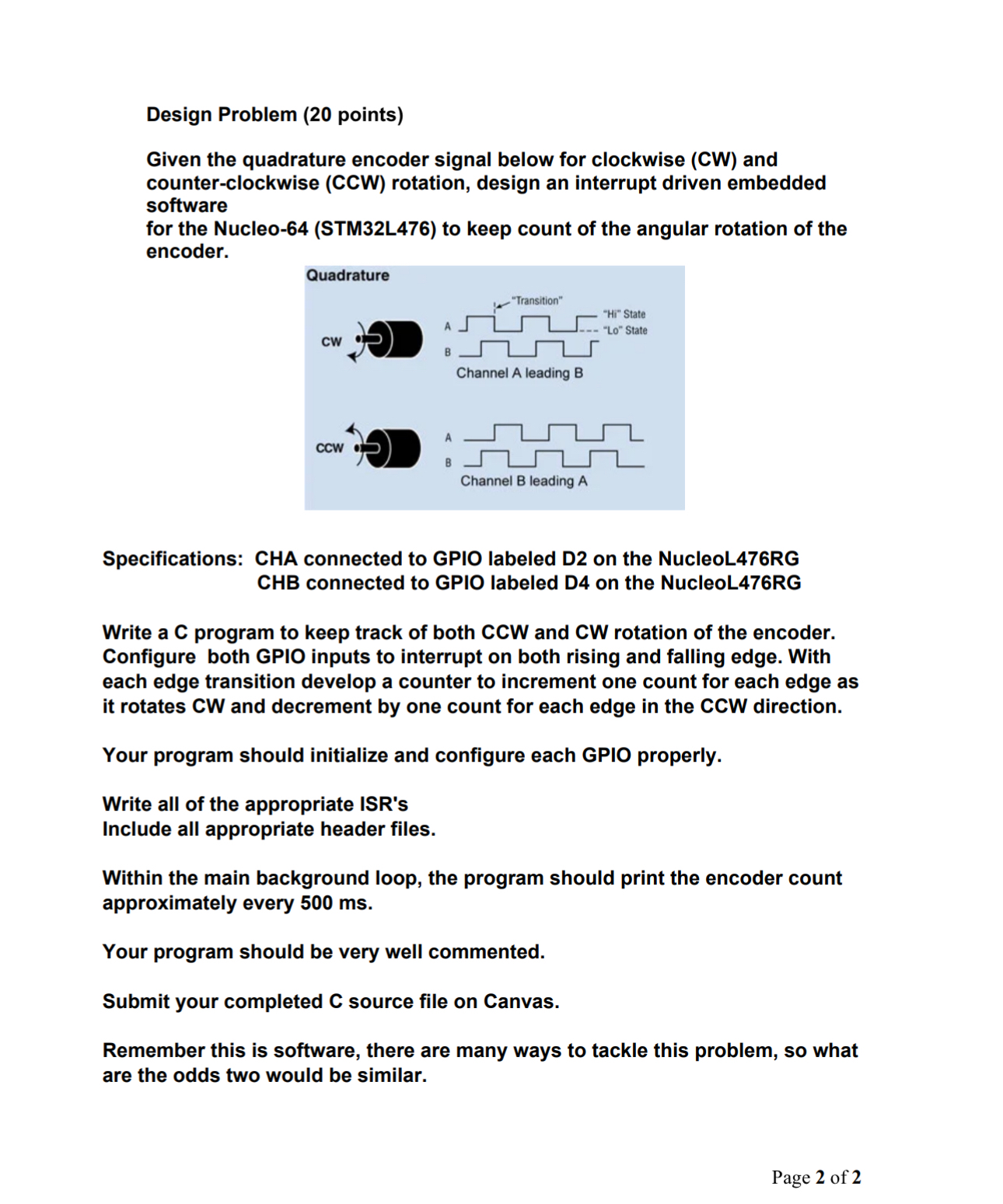  Design Problem (20 points) Given the quadrature encoder signal below for