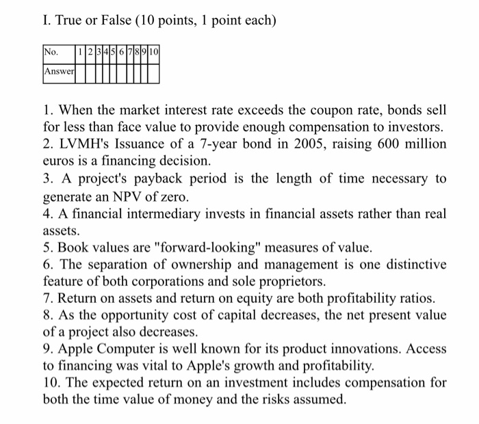  I. True or False (10 points, 1 point each) No. 12