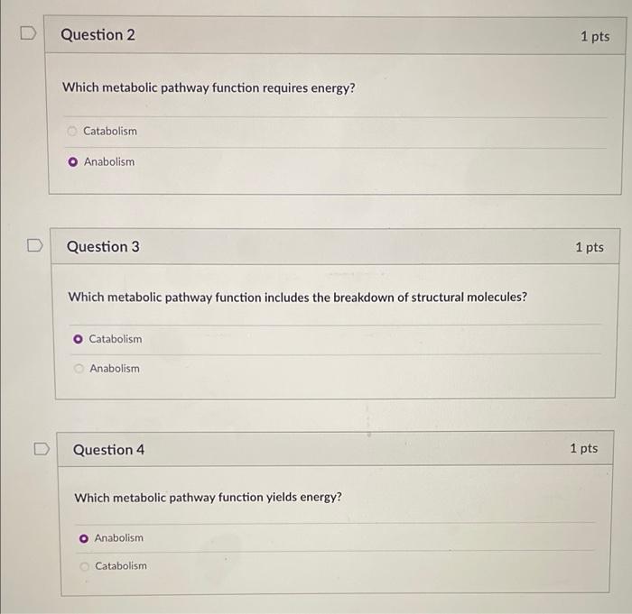  Question 2 1 pts Which metabolic pathway function requires energy? Catabolism