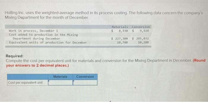  Holling Inc, uses the welghted average method in its process costing.