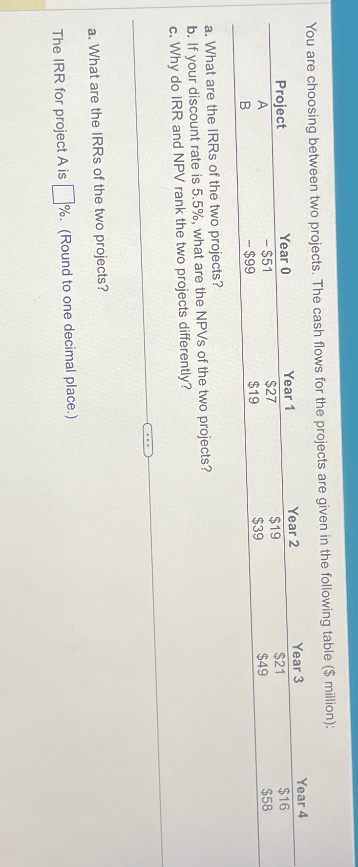  You are choosing between two projects. The cash flows for the