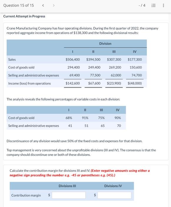  Current Attempt in Progress Crane Manufacturing Company has four operating divisions.