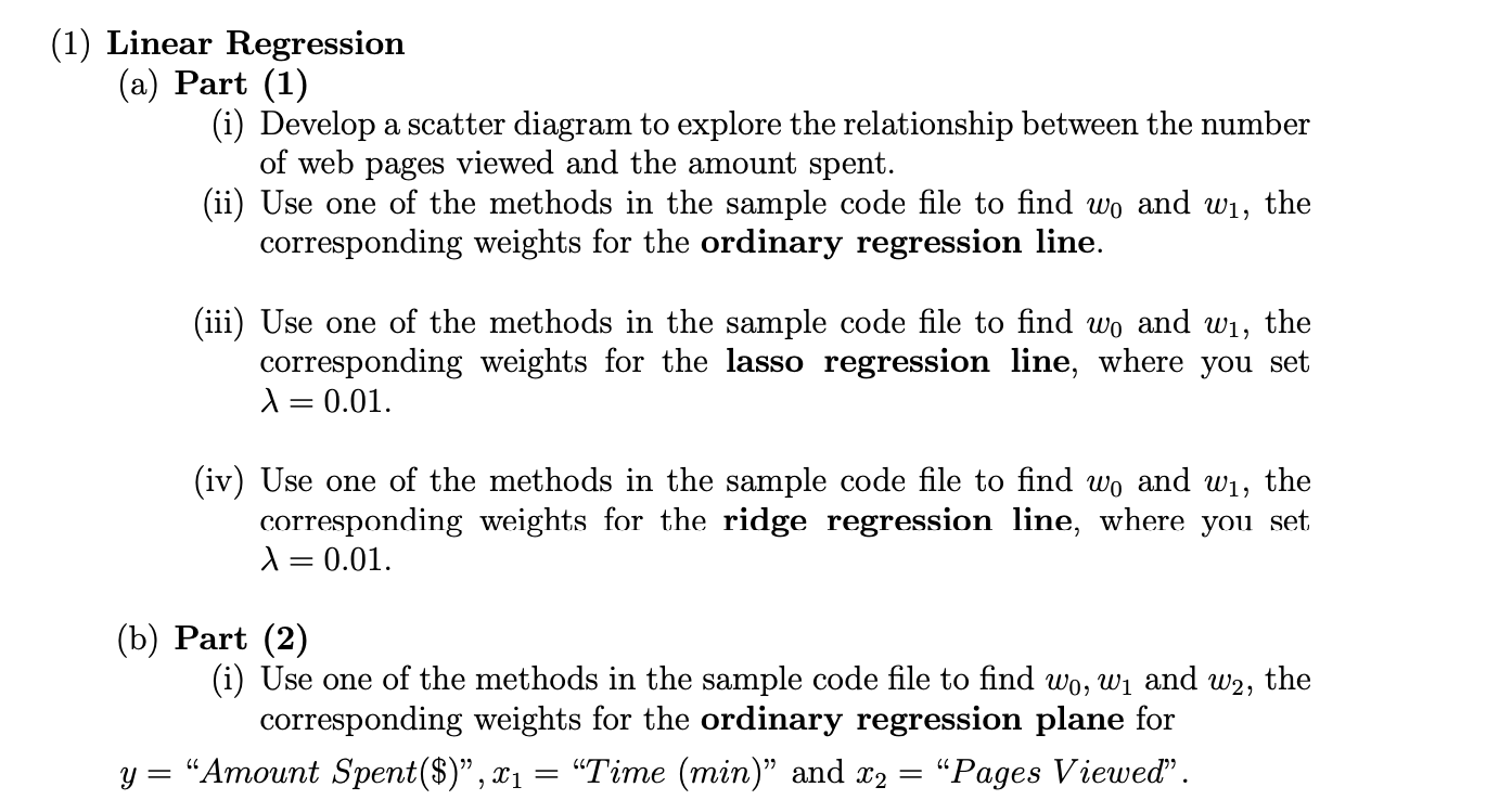  (1) Linear Regression (a) Part (1) (i) Develop a scatter diagram