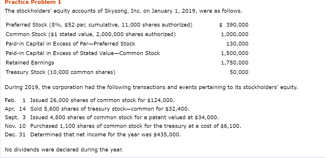 use the above info please Practice Problem 1 The stockholders' equity