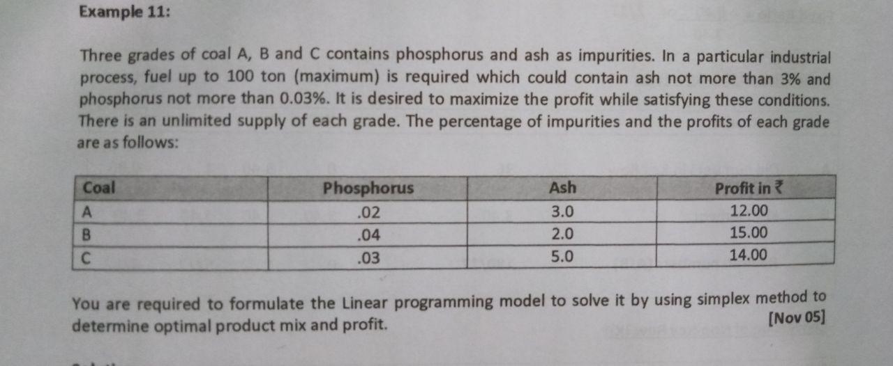  Example 11: Three grades of coal A, B and C contains