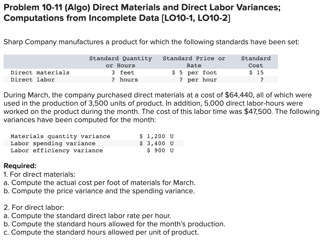 Problem 10-11 (Algo) Direct Materials and Direct Labor Variances; Computations from