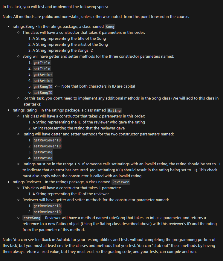  In this task, you will test and implement the following specs:
