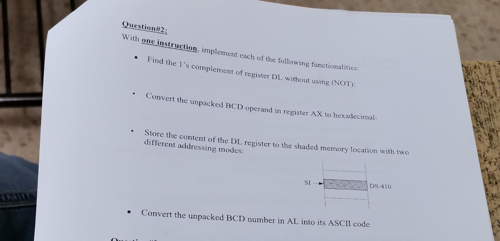  Question\#2: With one instruction, implement each of the following functionalities: -