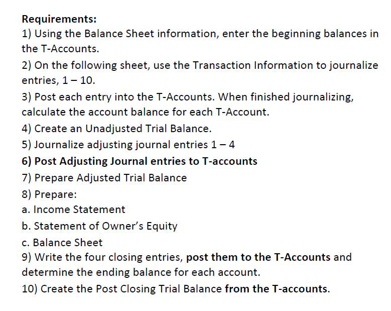 Students are required to prepare Excel Spreadsheets with tabs for Journal Entries,
