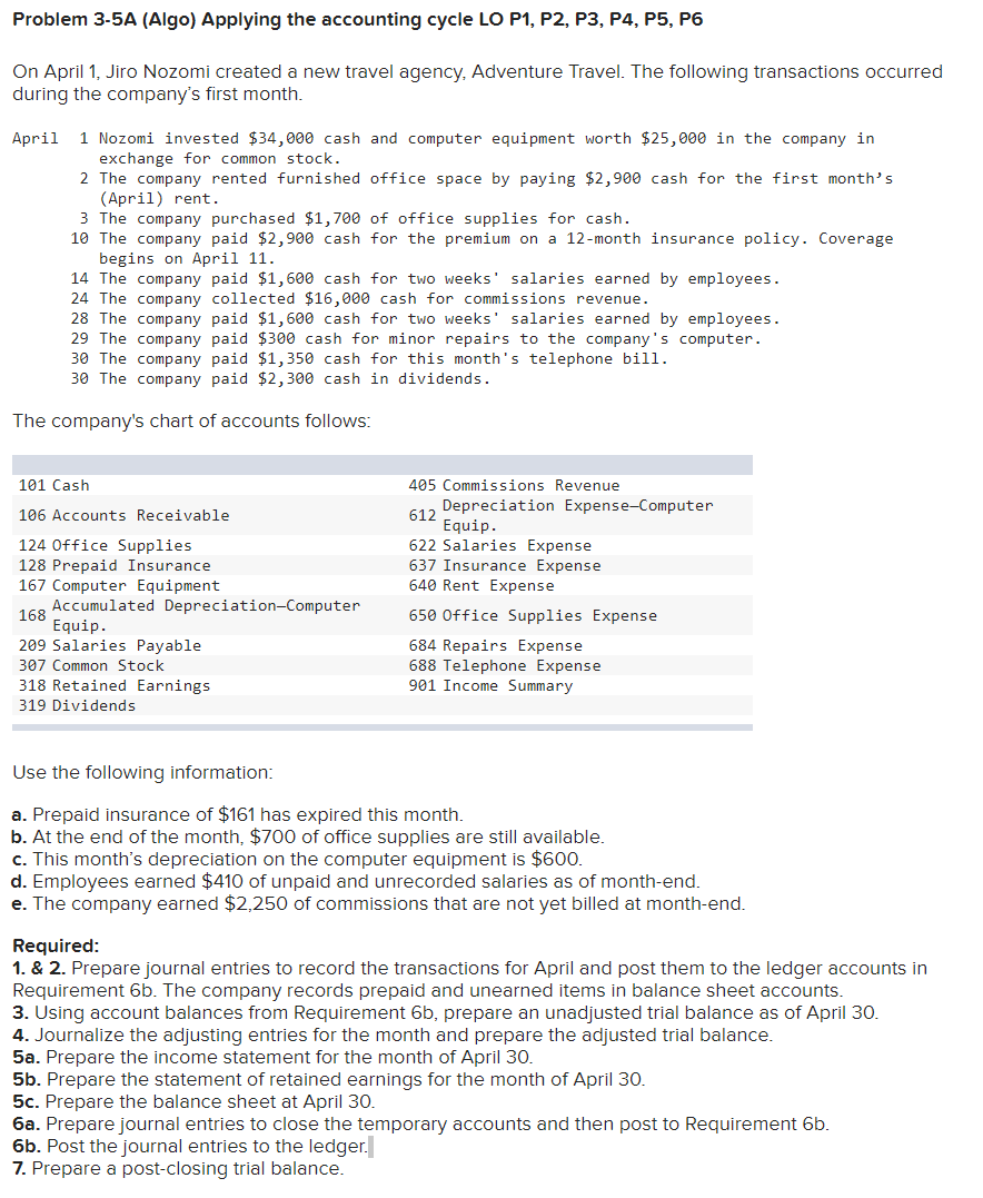 Problem 3-5A (Algo) Applying the accounting cycle LO P1, P2, P3,