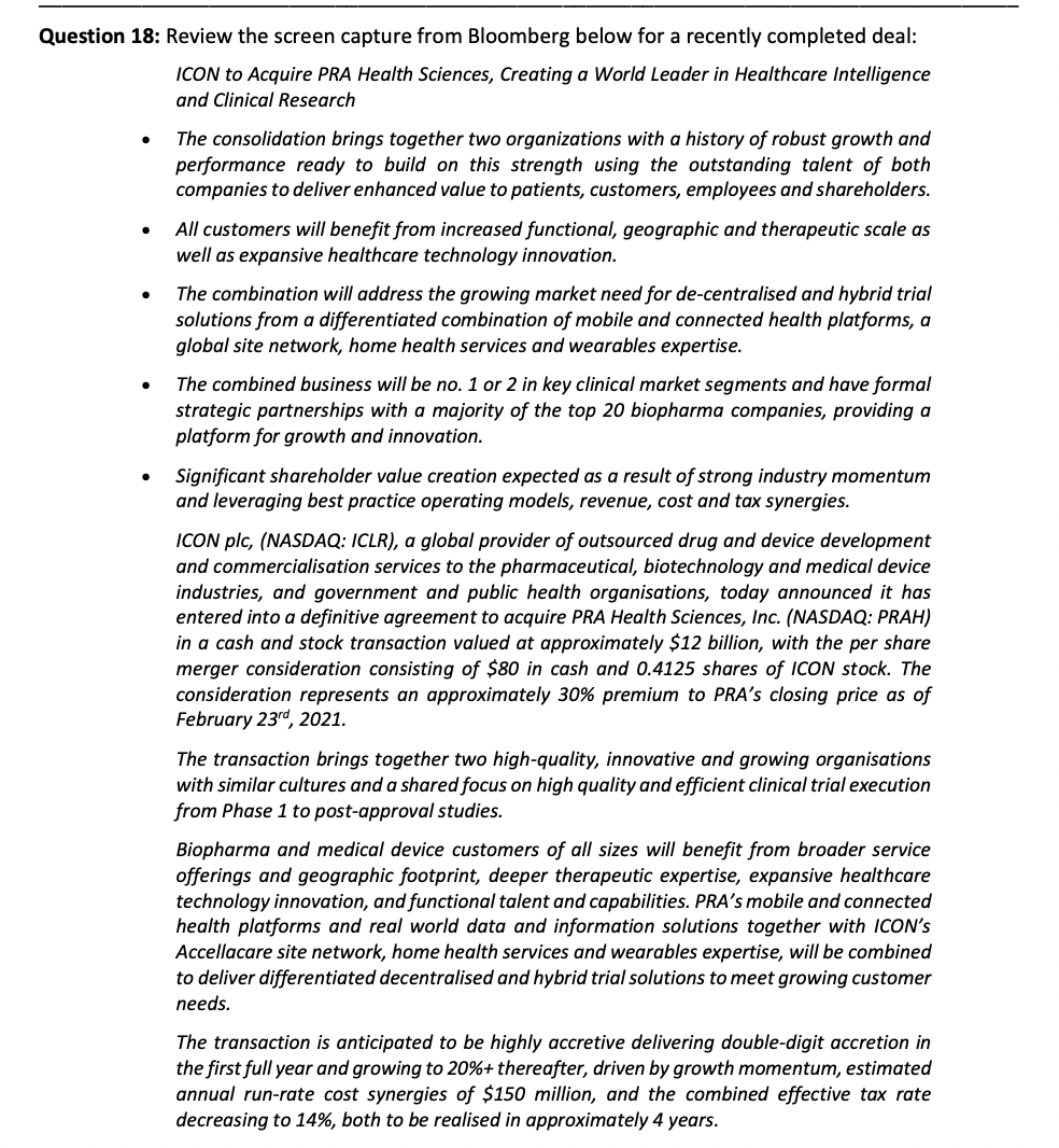  Question 18: Review the screen capture from Bloomberg below for a