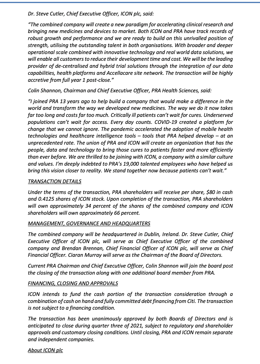 recently completed deal: ICON to Acquire PRA Health Sciences, Creating a World