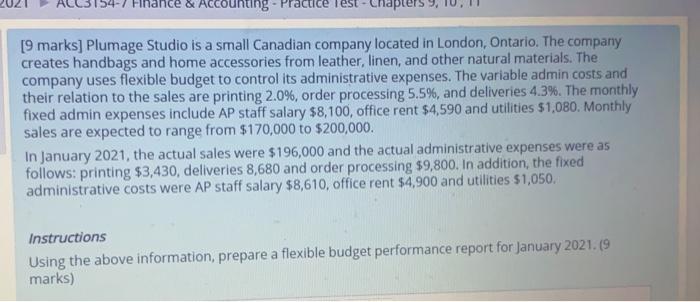  Finance & Accounting - Practice rest - Chapters [9 marks] Plumage