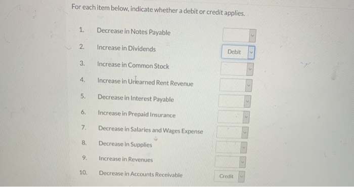  For each item below, indicate whether a debitor credit applies. 1.