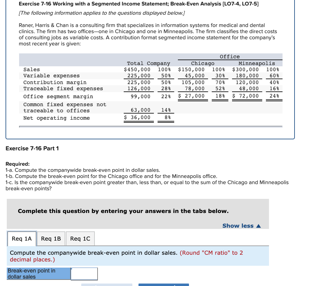 Exercise 7-16 Working with a Segmented Income Statement; Break-Even Analysis (LO7-4,