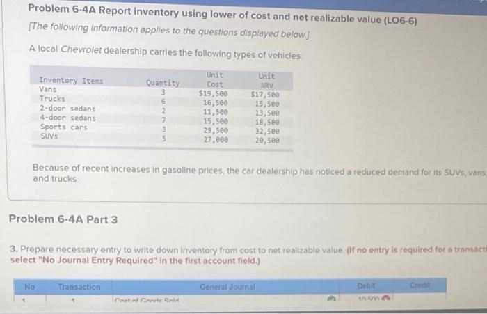  Problem 6-4A Report inventory using lower of cost and net realizable