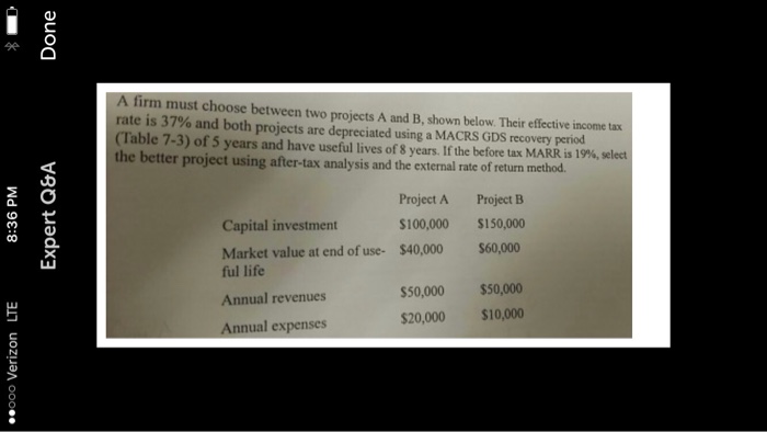  A firm must choose between two projects A and B, shown