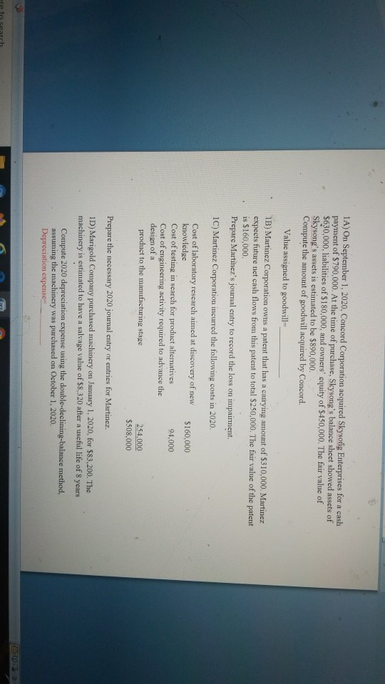 Please answer my question. 1A) On September 1, 2020, Concord Corporation