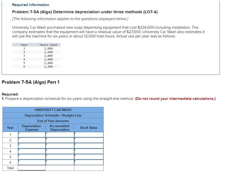  Problem 7-5A (Algo) Determine depreciation under three methods (LO7-4) [The following
