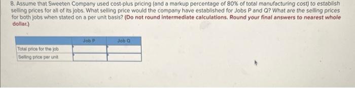 Required: For questions 1 to 9 , assume that Sweeten Company uses